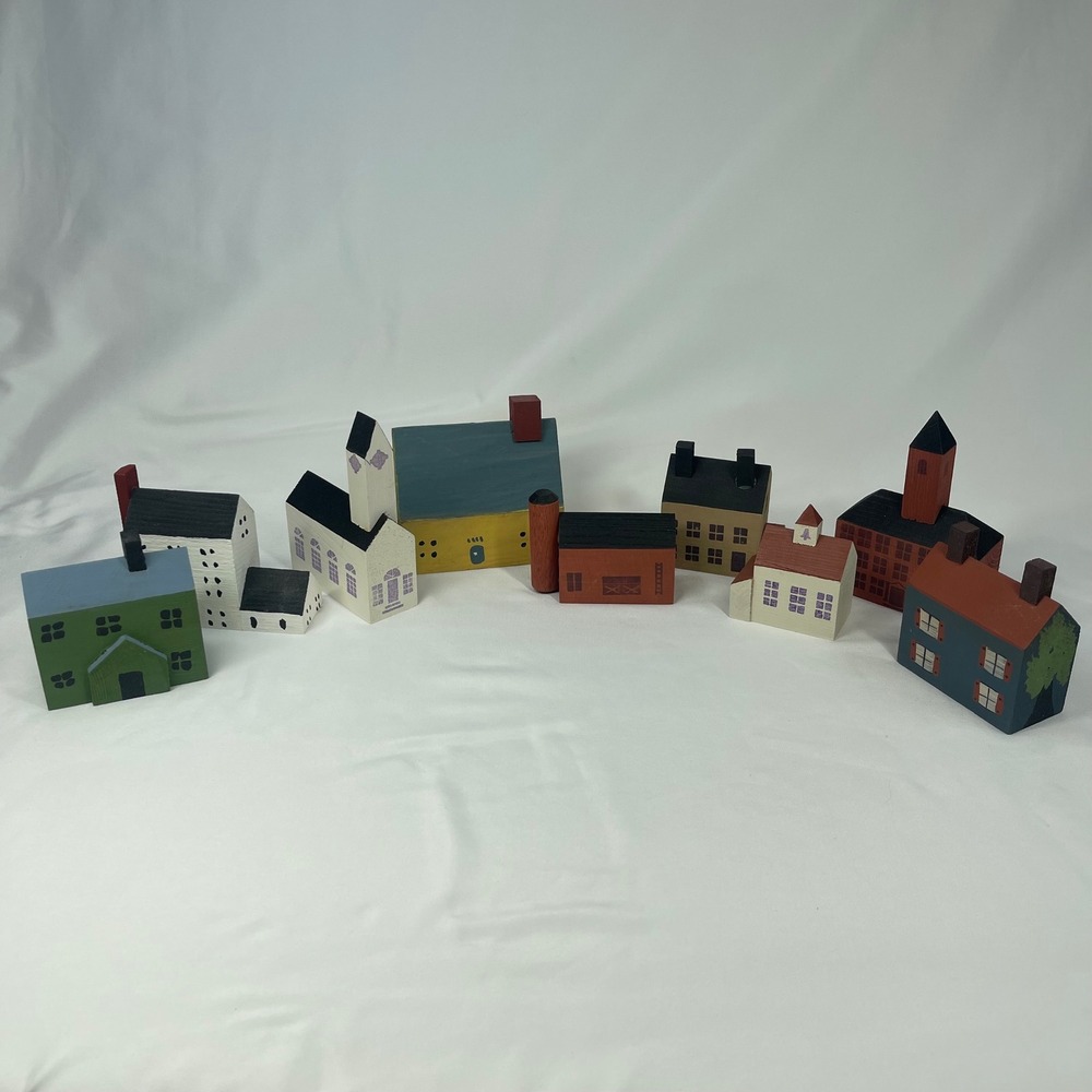 Vintage Wood Block Village Houses Set of 9 Hand Painted Folk Art